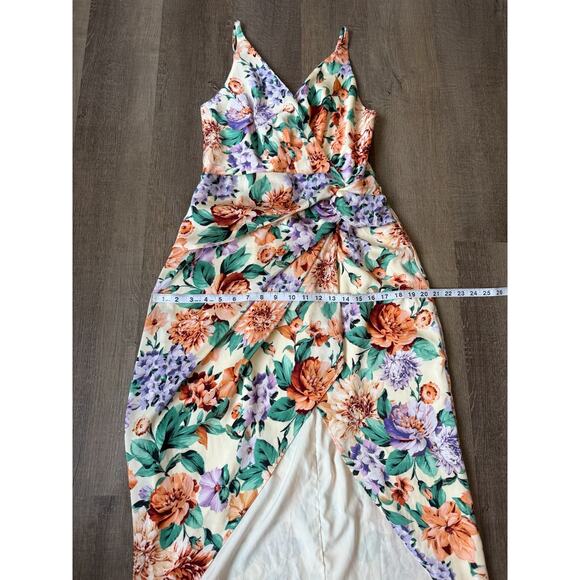 Express Floral Faux Wrap Midi Dress Women‎ M Spaghetti Strap Tulip Hem Cocktail - Picture 9 of 14